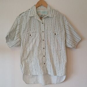 Vintage Mixed Blues High Low Windsurf Print Button Up Short Sleeve Shirt